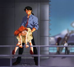 2boys 2girls ? absurdres age_difference amondetauro black_hair black_pants blue_shirt blurry blurry_background blush breasts clenched_teeth clothed_sex dress hetero highres ikari_shinji interface_headset_(evangelion) kaji_ryouji katsuragi_misato long_hair low_ponytail mature_male multiple_boys multiple_girls necktie neon_genesis_evangelion open_mouth orange_hair outdoors pants ponytail red_necktie sex sex_from_behind shirt small_breasts souryuu_asuka_langley stealth_sex teeth watch wristwatch yellow_dress