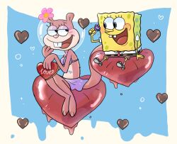 bare_legs barefoot belt blush box box_of_chocolates bra brown_pants bubble buck_teeth candy chocolate chocolate_heart colored_skin eyelashes feet flower food freckles half-closed_eyes heart helmet legs minoru_(nezumiisya) necktie nickelodeon pants paramount_pictures purple_bra purple_skirt red_necktie sandy_cheeks sitting skirt smile sponge spongebob_squarepants spongebob_squarepants_(series) squirrel tail teeth tomboy underwear yellow_skin