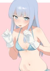 1girl bikini blue_bikini blue_eyes blue_hair blunt_bangs border breasts commentary_request gloves hatsukaze_(kancolle) kantai_collection long_hair navel outside_border pink_background sakiecho side-tie_bikini_bottom small_breasts solo swimsuit two-tone_background upper_body white_border white_gloves