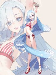 absurdres armpits blue_eyes blue_hair blue_nails fingernails flat_chest fueppu high_heels highres hololive hololive_indonesia kobo_kanaeru long_hair looking_at_viewer multicolored_hair nail_polish open_mouth smile stomach swimsuit teeth toenail_polish toenails toes upper_teeth_only very_long_hair virtual_youtuber white_hair