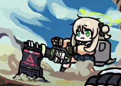 2girls blue_archive bow brown_hair chibi cloud desert dust_cloud fingerless_gloves gatling_gun gloves green_eyes green_halo gun gundam gundam_08th_ms_team hair_bow hair_bun halo highres holding holding_gun holding_weapon hoshino_(blue_archive) long_hair minigun multiple_girls nonomi_(blue_archive) panatisia pleated_skirt shining_shoot_(pose) shirt single_side_bun skirt weapon white_shirt