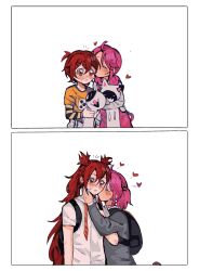 Rule 34 | 2girls, age progression, backpack, bag, black bag, blush, closed mouth, hair between eyes, hand on another&#039;s cheek, hand on another&#039;s face, highres, jinx (league of legends), kid sppinarl, kiss, kissing cheek, league of legends, long hair, lux (league of legends), multiple girls, pink hair, red eyes, red hair, shirt, short hair, short sleeves, short twintails, simple background, star guardian (league of legends), star guardian jinx, star guardian lux, stuffed animal, stuffed cat, stuffed toy, twintails, two side up, white background, white shirt, yellow shirt, yuri