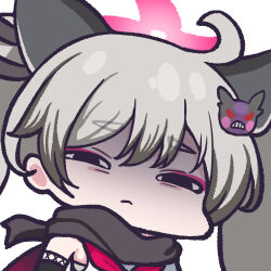 Rule 34 | 1girl, absurdres, angry, animal ears, annoyed, armpits, black eyes, black scarf, blue archive, chest sarashi, chibi, chibi only, close-up, cowlick, elbow gloves, eyeshadow, fishnets, frown, gen 8 pokemon, gloves, grey hair, hair ornament, hairpin, halo, highres, long hair, looking at viewer, makeup, michiru (blue archive), morpeko, morpeko (hangry), neckerchief, ninja, nintendo, no nose, panatisia, partially shaded face, pokemon, raccoon ears, raccoon girl, red eyes, red eyeshadow, red halo, red neckerchief, sarashi, scarf, scowl, shirt, shuriken, sidelocks, sleeveless, sleeveless shirt, solo, squinting, teeth, twintails, upper body, weapon, white background, white shirt