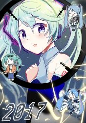 2017 4girls :d aoiyui aqua_hair bare_shoulders black_sleeves blue_eyes blue_hair bow closed_eyes crosshair crying crying_with_eyes_open detached_sleeves energy eyewear_on_head grey_shirt hatsune_miku headset hibana_(vocaloid) highres jacket long_hair multicolored_bow multiple_girls multiple_persona necktie number_tattoo open_mouth pants red_jacket shirt smile suna_no_wakusei_(vocaloid) sunglasses tattoo tears twintails unknown_mother_goose_(vocaloid) very_long_hair vocaloid