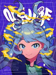 1girl blue_bodysuit bodysuit boku_no_hero_academia closed_mouth commentary_request drill_hair green_bodysuit hado_nejire long_hair looking_at_viewer mommorua multicolored_bodysuit smile solo twin_drills watermark