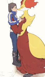 1boy 1girl assertive_female blue_eyes boots breasts breasts_squeezed_together brown_hair calem_(pokemon) delphox dodudoru furry furry_female gen_6_pokemon height_difference how_to_talk_to_short_people_(meme) jacket lifting_person nintendo noses_touching pants pokemon pokemon_xy red_eyes red_fur tall_female taller_female turtleneck turtleneck_jacket yellow_fur you_gonna_get_raped