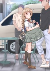 Rule 34 | 1girl, 2boys, absurdres, artist request, belly, blush, breasts, brown hair, cellphone, highres, large breasts, looking at another, multiple boys, outdoors, phone, pregnant, school uniform, tagme