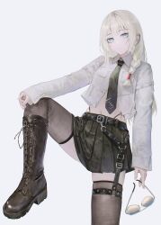 1girl absurdres belt black_belt black_boots black_necktie boots closed_mouth collared_shirt flippy_(cripine111) grey_thighhighs highres holding holding_removed_eyewear knee_boots long_hair long_sleeves looking_at_viewer navel necktie o-ring o-ring_thigh_strap original partially_unbuttoned shirt simple_background solo standing standing_on_one_leg sunglasses thigh_strap thighhighs unworn_eyewear white_background white_shirt zettai_ryouiki