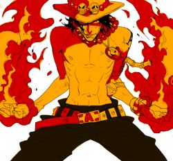 1boy abs apple972 belt black_hair blood buckle fire food freckles fruit hat inzup jewelry male_focus necklace one_piece orange_(fruit) portgas_d._ace short_hair solo tattoo topless_male white_background