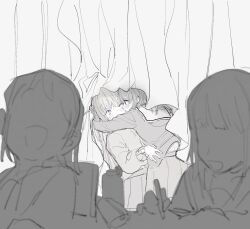 4girls behind_curtains blue_eyes bocchi_the_rock! commentary_request cube_hair_ornament curtains gotoh_hitori greyscale hair_ornament highres holding holding_pen hug indoors kiss kissing_cheek kita_ikuyo laughing long_sleeves monochrome multiple_girls open_mouth pen pencil_case ph401 pleated_skirt school_uniform shirt shuka_high_school_uniform skirt smile spot_color yuri