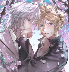 Rule 34 | 2boys, 3 3lecho, absurdres, bandaid, bandaid on cheek, bandaid on face, black jacket, blonde hair, blue eyes, blue necktie, cherry blossoms, cloud strife, cloud strife (midgard seventh high school), collared shirt, covering another&#039;s mouth, delinquent, earrings, falling petals, final fantasy, final fantasy vii, final fantasy vii ever crisis, gakuran, green eyes, grey hair, grey jacket, hair between eyes, hand over another&#039;s mouth, highres, jacket, jewelry, male focus, multiple boys, necktie, official alternate costume, parted bangs, parted lips, petals, school uniform, sephiroth, sephiroth (ever crisis), sephiroth (shinra private academy), shirt, short hair, single earring, slit pupils, spiked hair, suit jacket, upper body, white shirt, yaoi