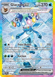 Rule 34 | :o, animal focus, artist name, blue eyes, card (medium), character name, company name, copyright name, copyright notice, eevee, english text, full body, gem, gen 1 pokemon, gen 4 pokemon, glaceon, nintendo, no humans, official art, open mouth, pokemon, pokemon (creature), pokemon card, pokemon focus, pokemon tcg, shirahama kamome, solo, sparkle, terastallization, third-party source, trading card