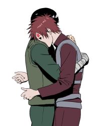 2boys bandaged_arm bandages black_hair brown_pants brown_shirt closed_eyes cowboy_shot facial_tattoo flak_jacket forehead_tattoo from_side gaara_(naruto) green_jacket green_pants green_shirt hand_on_another&#039;s_back highres hover_hand hug jacket long_sleeves male_focus multiple_boys naruto_(series) naruto_shippuuden pants red_hair rock_lee shirt simple_background standing tattoo tinh_daubuoi white_background yaoi