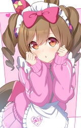 1girl alternate_costume alternate_hairstyle animal_ears bananatsukis blush brown_eyes brown_hair clenched_hands hair_between_eyes hair_ornament highres horse_ears horse_girl horse_tail jersey_maid long_hair looking_at_viewer maid maid_headdress ribbon smart_falcon_(umamusume) tail umamusume unconventional_maid