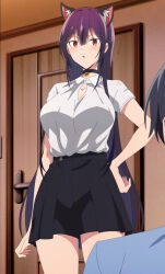 Rule 34 | 1boy, 1girl, absurdres, animal ears, anime screenshot, black choker, black skirt, cat ears, cat girl, choker, cowboy shot, haite kudasai takamine-san, hand on own hip, highres, long hair, neck bell, parted lips, pleated skirt, purple hair, red eyes, shirota takashi, shirt, shirt tucked in, short sleeves, skirt, solo focus, stitched, takamine takane, thighs, third-party edit, very long hair, white shirt