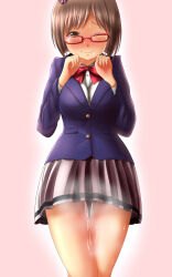 1girl blazer blush bow bowtie breasts brown_eyes brown_hair glasses highres idolmaster idolmaster_cinderella_girls jacket looking_at_viewer maekawa_miku pee peeing peeing_self pink_background pleated_skirt red-framed_eyewear school_uniform short_hair skirt solo tears yanparap