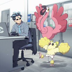 1boy batabiru black_gloves black_hair black_jacket black_pants blue_necktie breast_pocket cabinet chair collared_shirt commentary_request computer door flamigo game_freak gen_7_pokemon gloves grey_hair highres jacket laptop larry_(pokemon) long_sleeves male_focus multicolored_hair necktie nintendo office office_chair oricorio oricorio_(pom-pom) pants pocket poke_ball_symbol pokemon pokemon_(creature) pokemon_sv salaryman shirt short_hair sitting smile streaked_hair swivel_chair thick_eyebrows two-tone_hair unworn_jacket