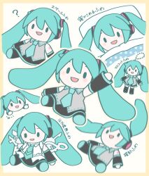 1girl ? armband black_armband black_footwear black_skirt blue_hair blue_necktie blue_stripes blush body_markings boots chain character_charm charm_(object) clone collared_shirt earphones falling fuwapuchi grey_shirt hair_ribbon hatsune_miku highres long_hair looking_at_viewer merchandise necktie open_mouth pillow ribbon shirt skirt sleeveless sleeveless_shirt smile solid_oval_eyes striped_armband striped_clothes striped_shirt striped_skirt stuffed_toy surikiri twintails very_long_hair vocaloid waving