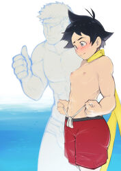 1boy 1girl abs adjusting_clothes alternate_breast_size black_eyes black_hair breasts commentary dodudoru faceless faceless_male headband highres makoto_(street_fighter) male_swimwear male_swimwear_challenge male_underwear nipples red_male_underwear reverse_trap ryu_(street_fighter) scarf short_hair small_breasts street_fighter street_fighter_iii_(series) swim_briefs swim_trunks thumbs_up toned toned_female topless_female underwear yellow_scarf