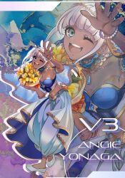 1girl baggy_pants bare_shoulders bead_bracelet beads blue_eyes blunt_bangs blush bouquet bracelet breasts character_name cleavage collarbone commentary_request crop_top danganronpa_(series) danganronpa_v3:_killing_harmony dark-skinned_female dark_skin eyelashes flower foreshortening full_body highres holding holding_bouquet jewelry long_hair looking_at_viewer medium_breasts navel nota_sayaka official_alternate_costume official_alternate_hairstyle one_eye_closed open_mouth pants shoes smile solo standing teeth upper_teeth_only white_hair white_shoes yellow_flower yonaga_angie