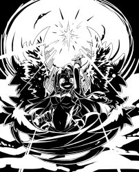 1girl angel_wings bracelet breasts circlet cleavage convenient_censoring covering_crotch covering_privates crazy crazy_smile creepy dress fantasy feathered_wings feathers female_focus greyscale grin horror_(theme) ilias jewelry large_breasts long_hair looking_at_viewer lots_of_jewelry mon-musu_quest! monochrome monster_girl navel pointy_ears smile smirk solo tiara torotoro_resistance wings