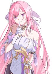 Rule 34 | 1girl, arm behind back, bare shoulders, black shorts, breasts, cleavage, clothing cutout, commentary request, detached sleeves, elysia (herrscher of human: ego) (honkai impact), elysia (honkai impact), finger to mouth, hair ornament, highres, honkai (series), honkai impact 3rd, large breasts, long hair, pink eyes, pink hair, shirt, short shorts, short sleeves, shorts, side cutout, simple background, solo, triquetra, upper body, very long hair, white background, white shirt, yukineko draw