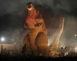 3others fog giant giant_monster glowing glowing_eyes glowing_mouth godzilla godzilla_(series) halloween horror_(theme) kaiju looking_at_viewer monster multiple_others night photo_(medium) real_life scarecrow shin_godzilla spikes tail toho white_eyes