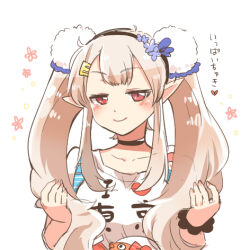1girl black_choker blush breasts brown_hair chibi choker closed_mouth clothes_writing collarbone elf elu_(1st_costume)_(nijisanji) elu_(nijisanji) half-closed_eyes hands_up i_heart... long_hair looking_at_viewer lowres medium_breasts nijisanji pointy_ears rebecca_(keinelove) red_eyes shirt short_sleeves simple_background smile solo translation_request twintails upper_body very_long_hair virtual_youtuber white_background white_shirt