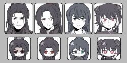 Rule 34 | 1girl, 3boys, closed mouth, family, greyscale, heterochromia, highres, hong lu (project moon), jia huan (project moon), jia qiu (project moon), jia xichun (project moon), limbus company, long hair, looking at viewer, low twintails, mandarin collar, monochrome, multiple boys, parted bangs, pink eyes, project moon, red eyes, scar, scar on face, smile, spot color, twintails, upper body, uuu (gyojamandu), very long hair