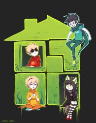 2boys 2girls animal_ears black_hair blonde_hair dave_strider glasses god_tier highres homestuck hood ikimaru jade_harley john_egbert long_hair multiple_boys multiple_girls open_mouth rose_lalonde short_hair smile sunglasses