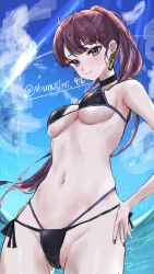 1girl absurdres ahoge alternate_costume bikini breasts choker cleavage cleft_of_venus collarbone crotch day dolla_(dark_rose)_(nikke) dolla_(nikke) earrings fingernails gluteal_fold goddess_of_victory:_nikke groin hand_on_own_hip highleg highleg_bikini highres hip_dips jewelry light_rays long_hair looking_at_viewer medium_breasts miumiumi_99 mole mole_under_eye multi-strapped_bikini_bottom navel ocean ponytail purple_eyes purple_hair side-tie_bikini_bottom smile solo standing swimsuit twitter_username underboob wet