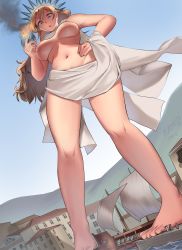 1girl 6+boys absurdres artist_name barefoot blonde_hair blue_eyes boat breasts building colossus_of_rhodes dock feet genderswap genderswap_(mtf) giant giantess greek_mythology hand_on_own_hip helios highres kkasi00 large_breasts long_hair looking_at_viewer looking_down mountain multiple_boys nipples ocean outdoors pubic_hair pubic_hair_peek sail ship standing toes torch water watercraft
