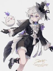1boy ascot belt black_gloves bow bowtie brooch chain fire floating flower frilled_sleeves frills ghost gloves hat high_heels highres jewelry namiki_itsuki original purple_eyes purple_fire rose ruffled_shirt short_hair shorts signature solo spirit tailcoat tassel thigh_strap top_hat watermark white_background white_hair