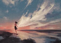 1girl barefoot black_hair black_sailor_collar black_skirt bow bowtie closed_eyes cloud commentary_request floating_hair from_side gradient_sky harucoro25 horizon landscape long_hair medium_skirt original outdoors pink_bow pink_bowtie pleated_skirt reflection reflective_water sailor_collar scenery school_uniform serafuku shirt short_sleeves skirt sky solo sparkle standing stream water white_shirt wide_shot