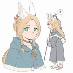 1girl black_dress blonde_hair blue_capelet braid brown_choker capelet choker closed_mouth dress dungeon_meshi frs2 furry furry_female green_eyes highres holding holding_staff long_sleeves marcille_donato multiple_views rabbit_girl simple_background spoken_squiggle squiggle staff twin_braids white_background wide_sleeves