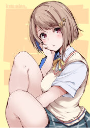 1girl :t blue_skirt blush bob_cut brown_hair brown_vest character_name collared_shirt crescent crescent_hair_ornament gengoroh hair_ornament hairclip head_rest highres knee_up looking_at_viewer love_live! love_live!_nijigasaki_high_school_idol_club miniskirt nakasu_kasumi neck_ribbon nijigasaki_school_uniform plaid_clothes plaid_skirt pleated_skirt red_eyes ribbon school_uniform shirt short_sleeves skirt solo summer_uniform sweater_vest text_background thick_thighs thighs translation_request vest white_shirt yellow_background yellow_ribbon