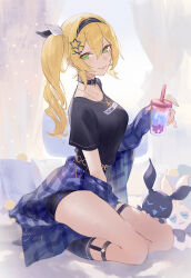 1girl arm_between_legs bao_bao_(dokibird) belt belt_collar black_belt black_collar black_garter_straps black_hairband black_ribbon black_shirt black_shorts black_socks blonde_hair blue_shirt blush breasts collar collarbone cross cross_necklace cup dokibird_(vtuber) dokibird_(vtuber)_(retro_doki) double-parted_bangs from_side garter_straps gold_necklace green_eyes hair_between_eyes hair_intakes hair_ornament hair_ribbon hairband hand_up hashtag-only_commentary holding holding_cup indie_virtual_youtuber indoors jewelry kistina legwear_garter long_hair looking_at_viewer medium_breasts mei_mei_(dokibird) necklace o-ring_strap off_shoulder official_alternate_costume official_alternate_hairstyle parted_lips pillow plaid_clothes plaid_shirt ribbon ringlets shirt shirt_tucked_in short_shorts short_sleeves shorts side_ponytail sidelocks sitting smile socks solo star_(symbol) star_hair_ornament star_o-ring stuffed_animal stuffed_rabbit stuffed_toy thick_eyelashes thigh_strap thighs v-shaped_eyebrows virtual_youtuber white_ribbon x_hair_ornament