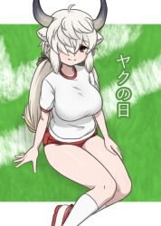 1girl acesrulez animal_ears black_horns blush bow bowtie breasts brown_bow brown_bowtie brown_eyes brown_ribbon buruma extra_ears grey_horns gym_shirt gym_uniform hair_over_one_eye horns kemono_friends kemono_friends_3 large_breasts long_hair looking_at_viewer multicolored_horns ox_ears ox_girl ox_horns red_buruma ribbon shirt short_sleeves smile solo twintails white_hair white_shirt yak_(kemono_friends) yak_day