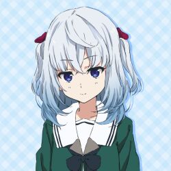 Rule 34 | 1girl, 22/7, 22/7 ongaku no jikan, arms at sides, black bow, black bowtie, blue background, blue eyes, blue hair, bow, bowtie, closed mouth, crossed bangs, drop shadow, gradient hair, green shirt, hair bow, light smile, long sleeves, looking at viewer, medium hair, multicolored hair, official art, portrait, red bow, rokubanchou school uniform, sailor collar, school uniform, serafuku, shirt, solo, straight-on, two side up, wakaizumi runa, white hair, white sailor collar, winter uniform