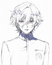 1boy bishounen earrings expressionless hair_between_eyes highres jacket jewelry looking_at_viewer machihazure male_focus persona persona_1 purple_eyes school_uniform single_earring sketch solo st._hermelin_school_uniform toudou_naoya upper_body white_hair