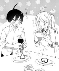1boy 1girl ahoge akamatsu_kaede alternate_costume apron back_bow belt belt_buckle blush bottle bow buckle cellphone collared_shirt cowboy_shot danganronpa_(series) danganronpa_v3:_killing_harmony dot_nose food fortissimo frown greyscale hair_between_eyes hair_ornament happy heart highres holding holding_bottle holding_phone ketchup_bottle light_blush long_hair long_sleeves looking_at_another looking_at_food monochrome musical_note musical_note_hair_ornament omelet omurice open_mouth pants phone plaid_clothes plate pleated_skirt pocket ponytail potato_wedges saihara_shuichi shirt short_hair skirt three-quarter_sleeves smartphone smile standing star_(symbol) star_symbol_background steam sweatdrop table taking_picture zang_li