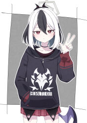 1girl absurdres black_hair black_hoodie black_horns black_wings blue_archive closed_mouth collarbone commentary_request demon_horns hair_between_eyes halo hand_in_pocket hand_up highres hood hood_down hoodie horns jewelry kayoko_(blue_archive) kokutoo_(kanmiya) long_sleeves looking_at_viewer multicolored_hair necklace plaid_clothes plaid_skirt pleated_skirt red_eyes red_skirt single_wing skirt solo standing two-tone_hair w white_hair wings