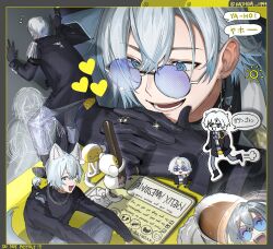Rule 34 | 1boy, :d, ^ ^, animal ears, artist name, black boots, black border, black coat, black gloves, black shirt, blue-tinted eyewear, blue eyes, blue hair, boots, border, chain, chain necklace, chibi, closed eyes, coat, collared shirt, commentary, crossed bangs, cup, debonheir (kaelix debonair), earrings, english commentary, english text, facing away, fang, from behind, ghost, glint, gloves, gold ring, gradient hair, green eyes, grey hair, grey pants, hair between eyes, hands up, heart, highres, holding, holding pencil, jewelry, kaelix debonair, kaohom503, long sleeves, male focus, mini person, mini person on shoulder, miniboy, multicolored eyes, multicolored hair, multiple rings, multiple views, necklace, nijisanji, nijisanji en, notice lines, open mouth, own hands together, pants, pencil, purple-tinted eyewear, ring, round eyewear, saucer, shirt, short hair, skin fang, smile, standing, sun symbol, sunglasses, tail, tea, teacup, teeth, thumb ring, tinted eyewear, turtleneck, twitter username, two-tone eyes, upper teeth only, virtual youtuber, white hair, white shirt, wolf boy, wolf ears, wolf tail