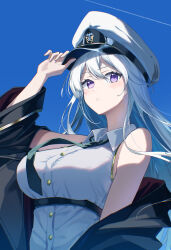 1girl absurdres azur_lane black_coat black_necktie coat enterprise_(azur_lane) hat highres military_hat necktie open_clothes open_coat peaked_cap purple_eyes rubisco shirt sleeveless sleeveless_shirt solo white_hair white_hat