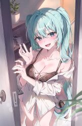 1girl absurdres aqua_hair aqua_nails bare_shoulders bra breasts hair_between_eyes hair_intakes hatsune_miku highres ien_(to_yen) large_breasts lingerie long_hair long_sleeves loose_clothes no_pants open_clothes open_shirt shirt smile solo standing twintails underwear very_long_hair vocaloid white_shirt