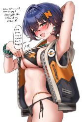 1girl :d @_@ absurdres arm_up armpits belle_(zenless_zone_zero) bikini bikini_top_lift black_bikini blue_hair blush bracelet breasts cleavage clothes_lift commentary commentary_request cowboy_shot earrings english_commentary english_text from_side green_eyes green_tea_(matchaistasty) hair_ornament highres jacket jewelry large_breasts looking_at_viewer mixed-language_commentary navel necklace open_mouth revision short_hair side-tie_bikini_bottom simple_background smile solo speech_bubble stomach swimsuit white_background zenless_zone_zero