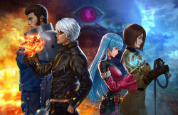 2boys 2girls armor belt black_jacket blue_eyes blue_jacket brown_coat brown_eyes brown_hair character_request closed_mouth coat fire gem glowing hand_in_pocket highres hime_cut holding holding_whip ice jacket ji_zhang k&#039;_(kof) kula_diamond leather leather_jacket long_hair long_sleeves maxima multiple_boys multiple_girls pauldrons pink_eyes pink_jacket short_hair shoulder_armor sunglasses the_king_of_fighters upper_body whip whip_(kof) white_hair