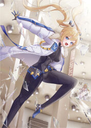 1girl broken_glass broken_window glass glass_shards goddess_of_victory:_nikke laplace_(nikke) shopping_mall smile