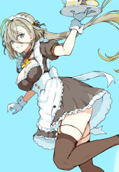Rule 34 | 1girl, alternate costume, apron, black dress, black thighhighs, blue background, breasts, cleavage cutout, clothing cutout, cup, dress, enmaided, fate/grand order, fate (series), full body, green hair, grey eyes, hair between eyes, highres, holding, holding tray, huyan zhuo (fate), huyan zhuo (fgo fes. 2025) (fate), kamesan231, large breasts, long hair, looking at viewer, maid, maid headdress, multicolored hair, open mouth, puffy short sleeves, puffy sleeves, short sleeves, simple background, skindentation, solo, streaked hair, teacup, teapot, teeth, thick thighs, thighhighs, thighs, tray, waist apron, white apron, wrist cuffs