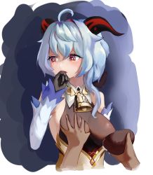 1girl absurdres ahoge bad_id bad_pixiv_id bell blue_hair bodysuit breast_milk breasts coconut cowbell crying crying_with_eyes_open detached_sleeves drink ganyu_(genshin_impact) genshin_impact gloves grabbing_another&#039;s_breast groping highres lactation looking_away medium_breasts milk open_mouth orange_eyes purple_eyes sleeveless solo_focus tears upper_body whonyang